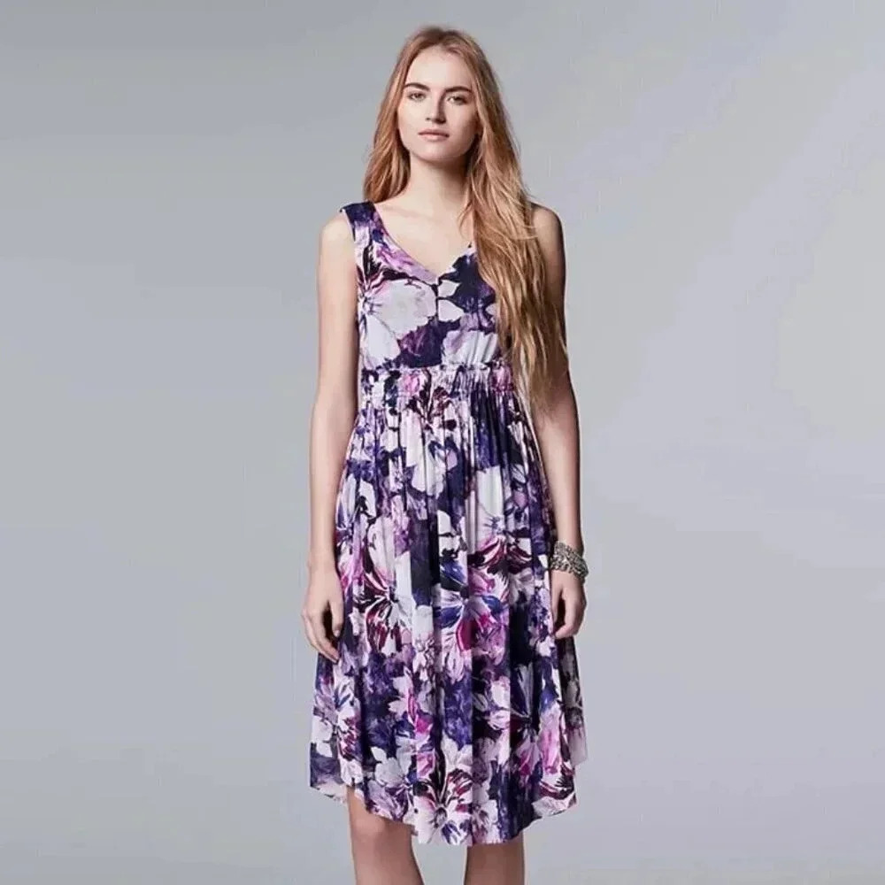 Simply Vera Verawang Purple and Pink Floral Dress S